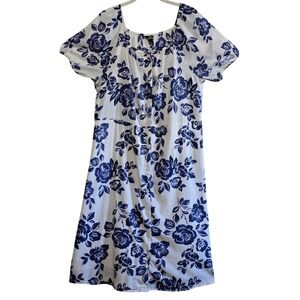 Mlle Gabrielle, Blue & White Floral, Cotton Button Front, Midi Dress, Pockets L